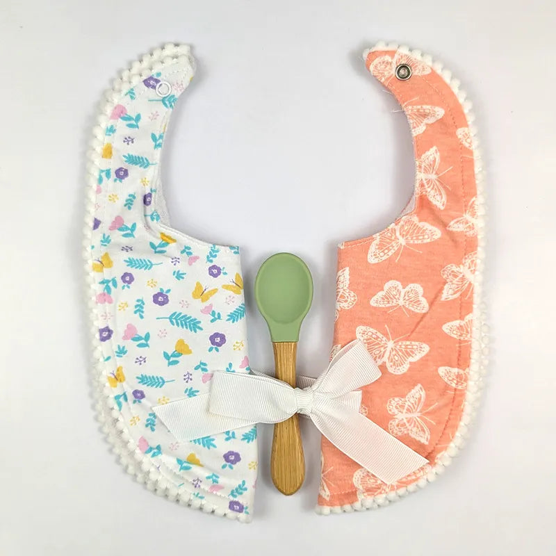 ALPACA PREMIUM 2 COTTON BIBS WITH SOFT SILICON SPOON BUTTERFLY PRINT