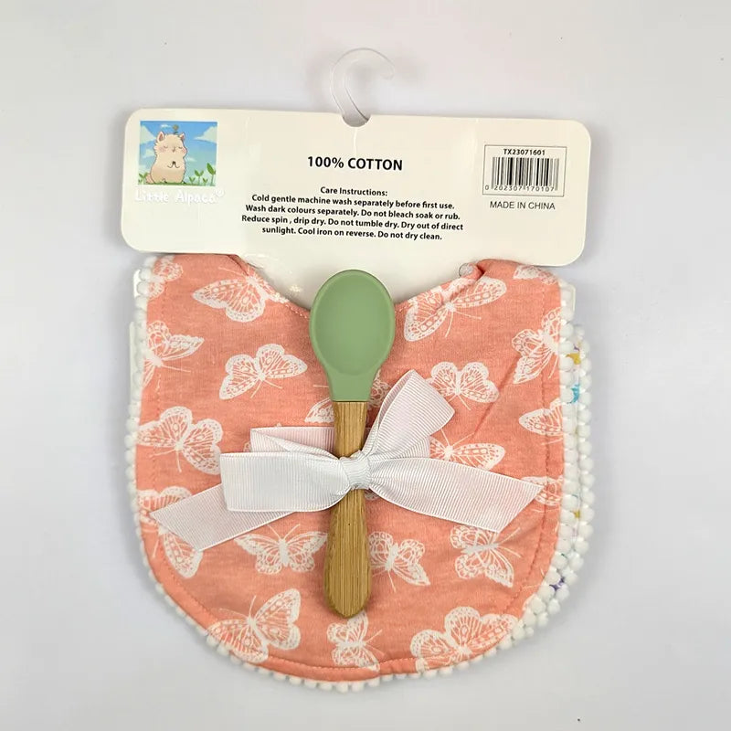 ALPACA PREMIUM 2 COTTON BIBS WITH SOFT SILICON SPOON BUTTERFLY PRINT