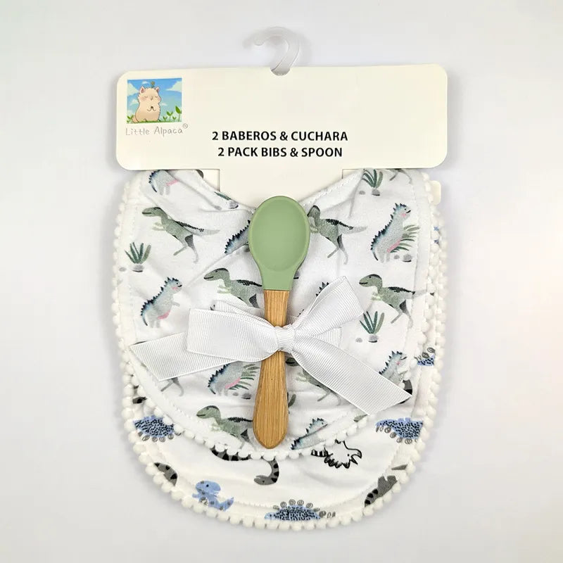 ALPACA PREMIUM 2 COTTON BIBS WITH SOFT SILICON SPOON DINOSAUR PRINT
