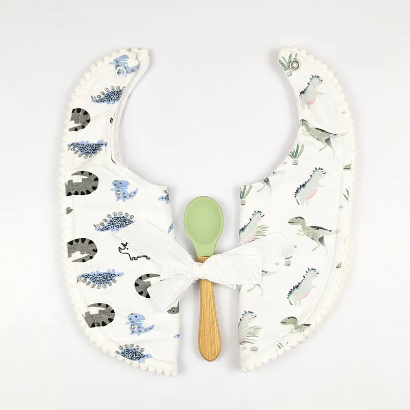 ALPACA PREMIUM 2 COTTON BIBS WITH SOFT SILICON SPOON DINOSAUR PRINT