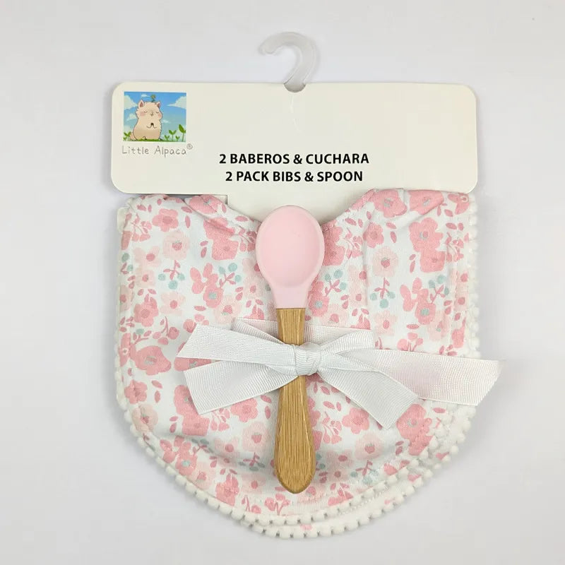 ALPACA PREMIUM 2 COTTON BIBS WITH SOFT SILICON SPOON FLORAL PRINT