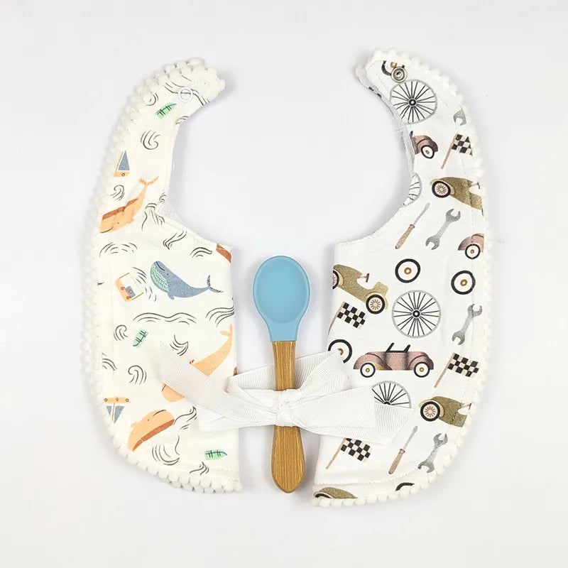 ALPACA PREMIUM 2 COTTON BIBS WITH SOFT SILICON SPOON RACING CAR PRINT