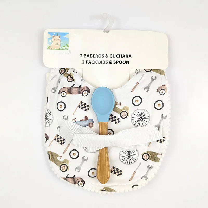 ALPACA PREMIUM 2 COTTON BIBS WITH SOFT SILICON SPOON RACING CAR PRINT