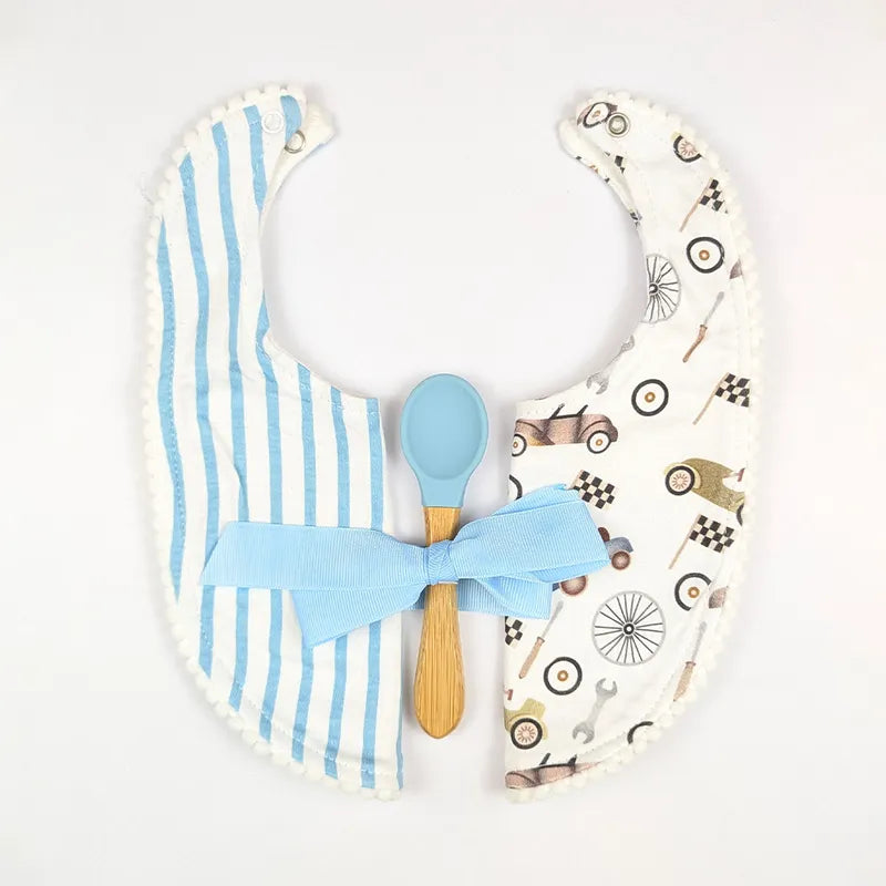 ALPACA PREMIUM 2 COTTON BIBS WITH SOFT SILICON SPOON RACING CAR PRINT