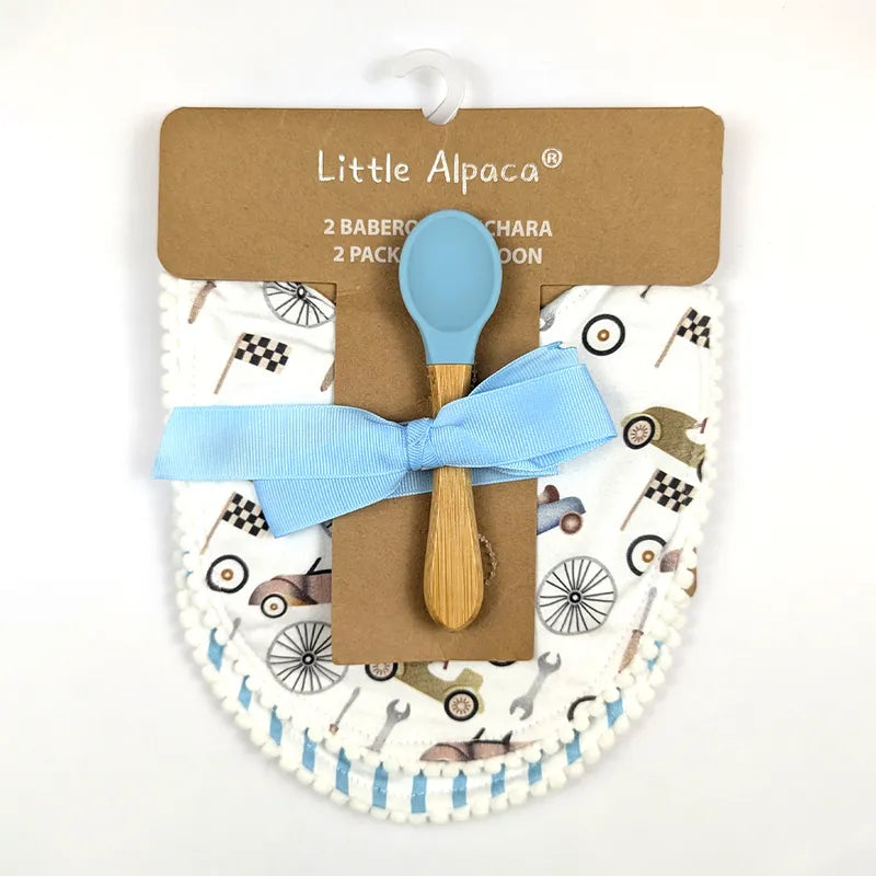 ALPACA PREMIUM 2 COTTON BIBS WITH SOFT SILICON SPOON RACING CAR PRINT