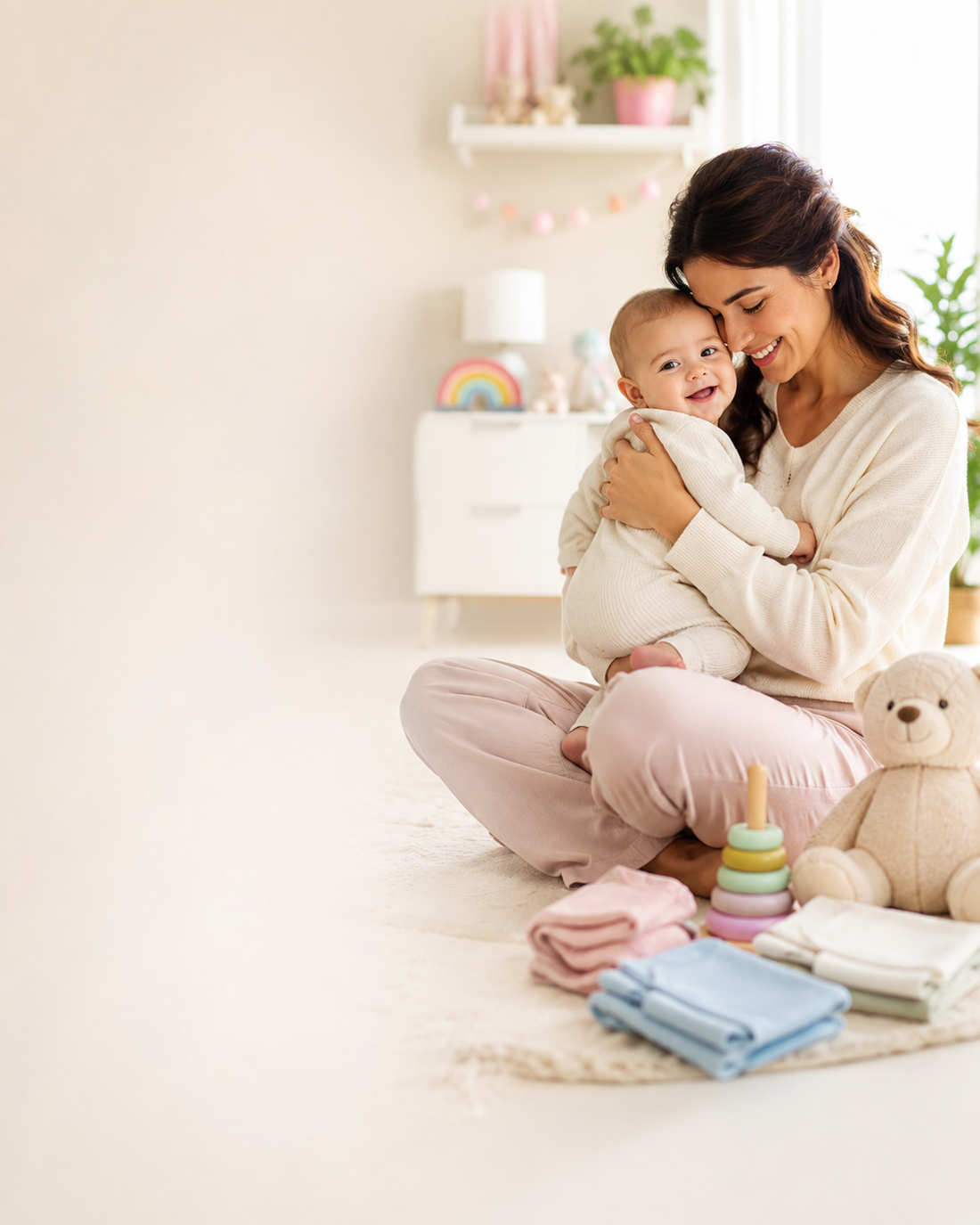 Happy mother holding baby in a bright colorful nursery
