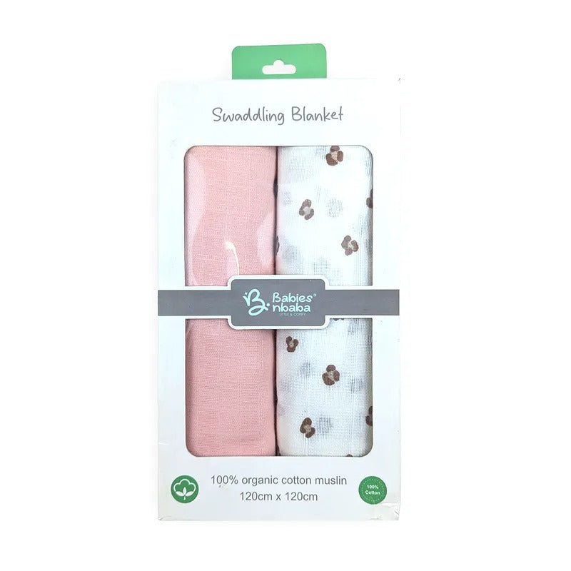 Printed Baby Swaddle Blankets 2-Pack, Peach & White