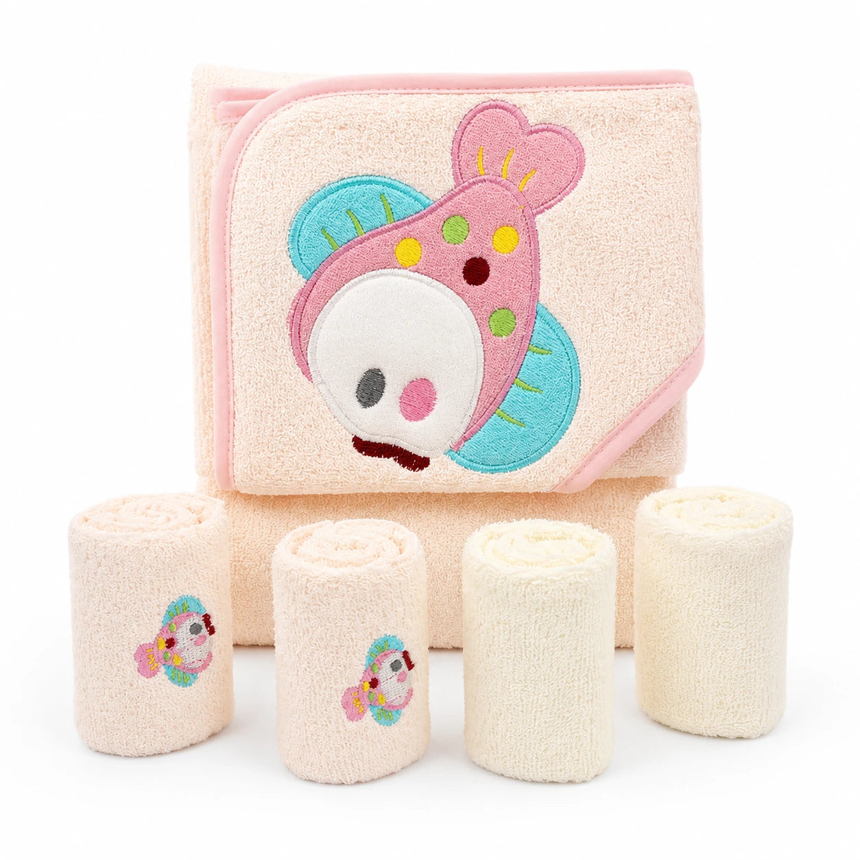 BABY BATH TOWEL+4PCS FACETOWEL FISH PINK