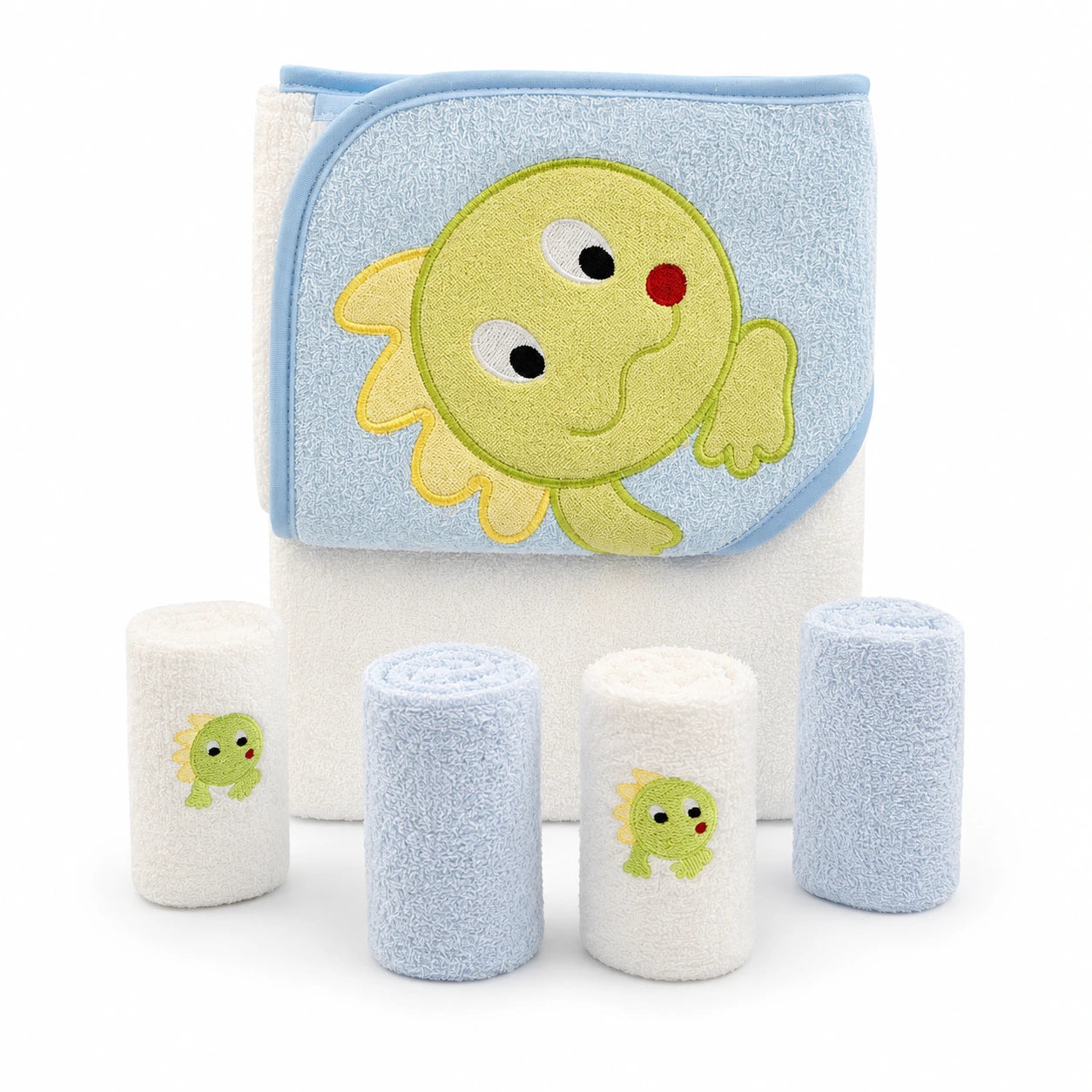 BABY BATH TOWEL+4PCS FACETOWEL FROG BLUE
