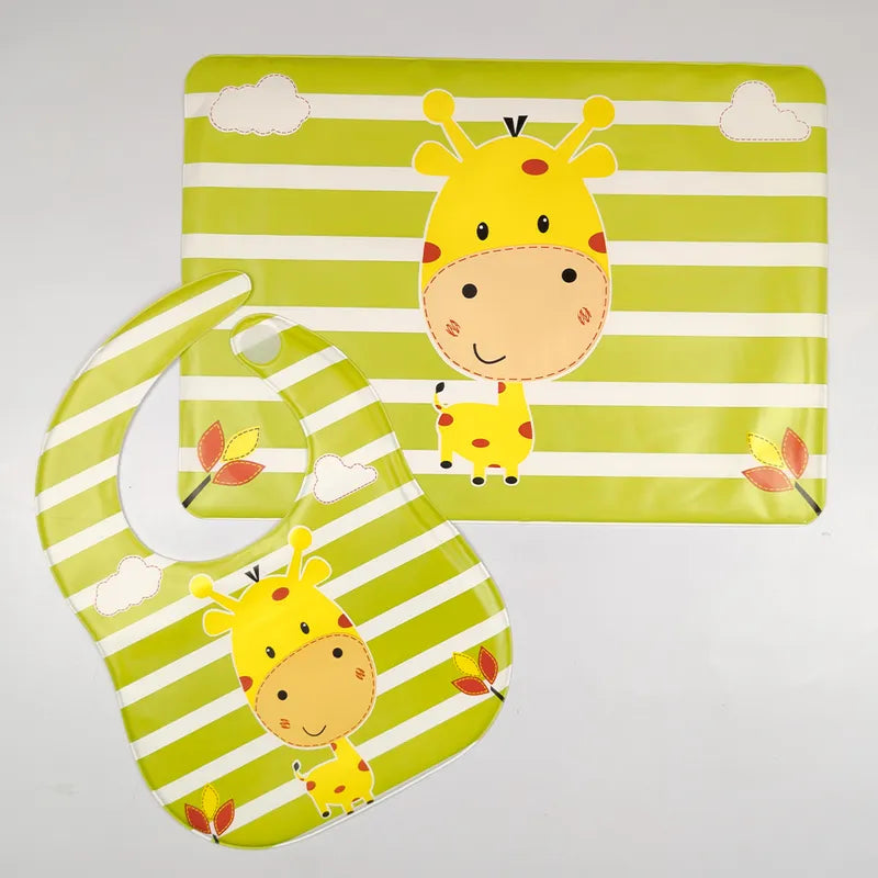 BABY BIB & MAT SET CUTE GIRAFFE PRINT GREEN (BPA FREE) NON TOXIC WATERPROOF