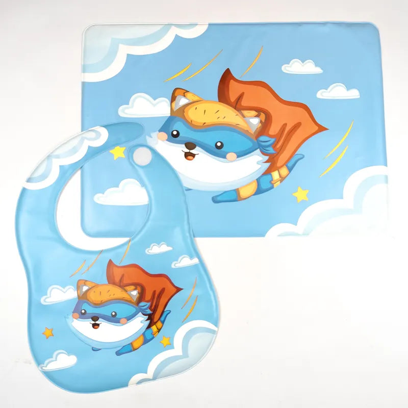 BABY BIB & MAT SET SUPER FOX PRINT SKY BLUE (BPA FREE) NON TOXIC WATERPROOF