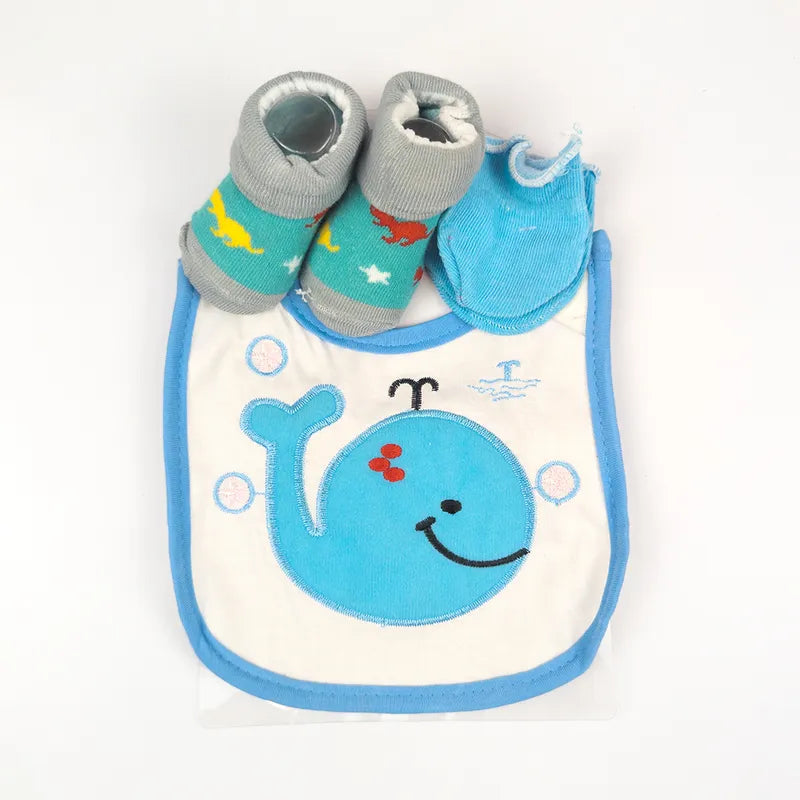 3-PIECE BABY GIFT SET DOLPHIN, SAFARI & NIGHT SKY THEME (BIB, SOCKS & MITTENS)