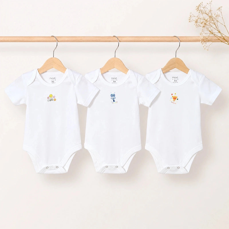 White cotton baby bodysuits with robot print, pack of 3