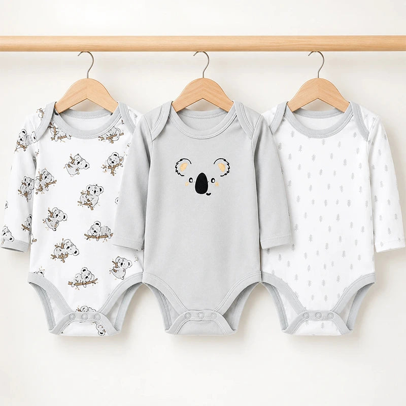 Grey full-sleeve cotton baby bodysuits with bear print, pack of 3