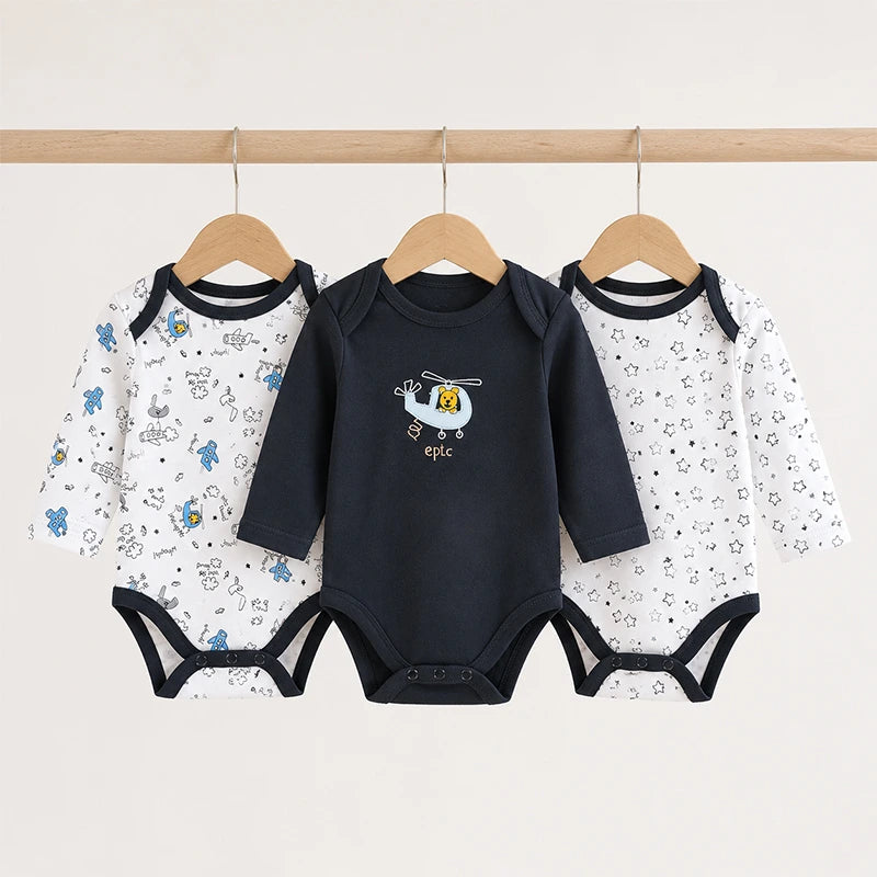 Black full-sleeve cotton baby bodysuits with helicopter print, pack of 3