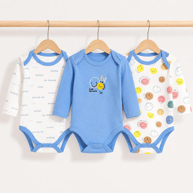 Blue full-sleeve cotton baby bodysuits with smile print, pack of 3