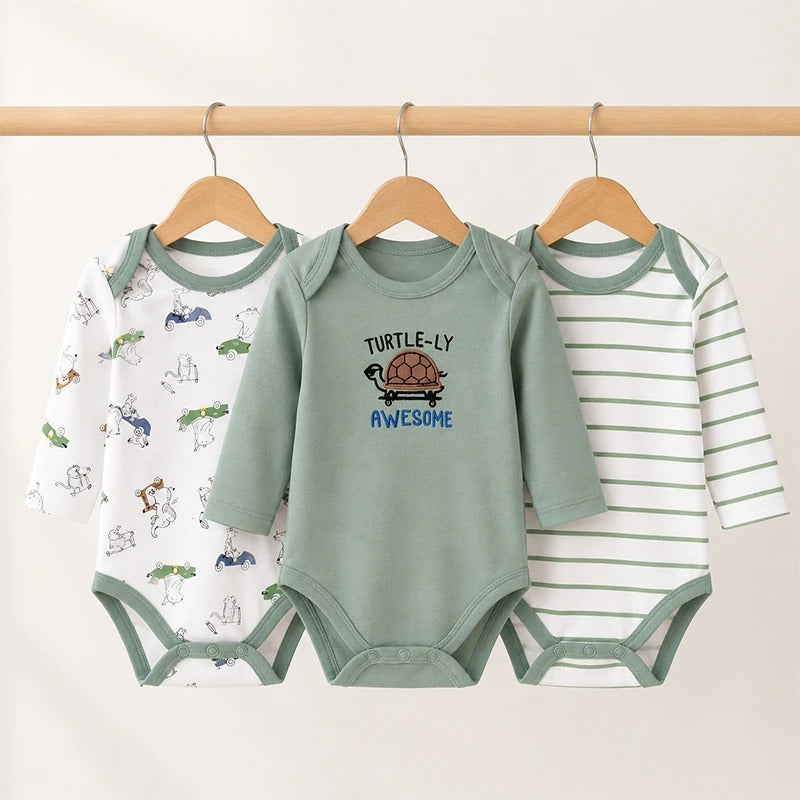 Green full-sleeve cotton baby bodysuits with turtle print, pack of 3