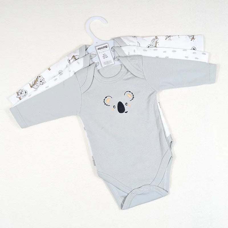 Additional view of grey full-sleeve cotton baby bodysuits with bear print from the pack of 3