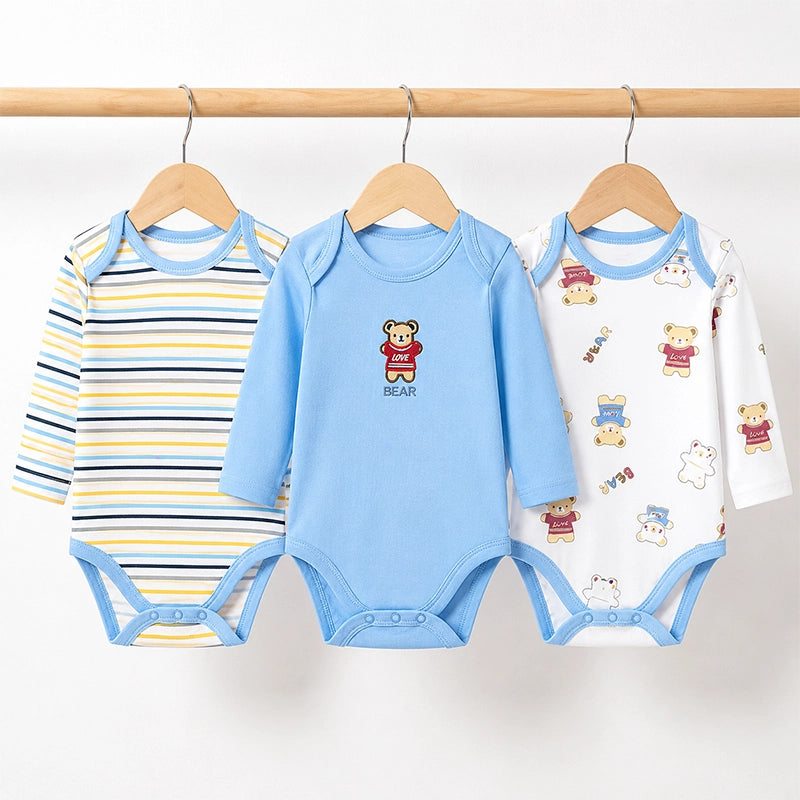 Light blue full-sleeve cotton baby bodysuits with bear print, pack of 3