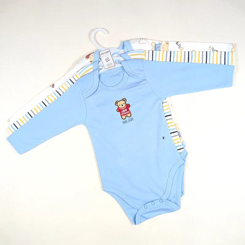 Additional view of light blue full-sleeve cotton baby bodysuits with bear print from the pack of 3