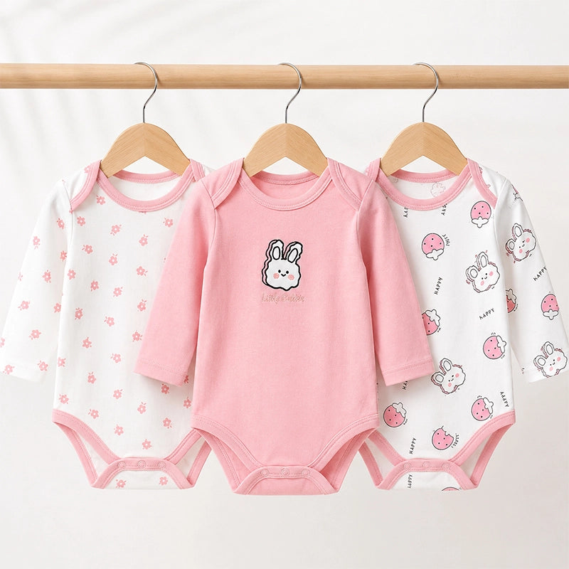 Pink full-sleeve cotton baby bodysuits with rabbit print, pack of 3