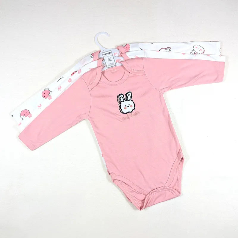 Additional view of pink full-sleeve cotton baby bodysuits with rabbit print from the pack of 3
