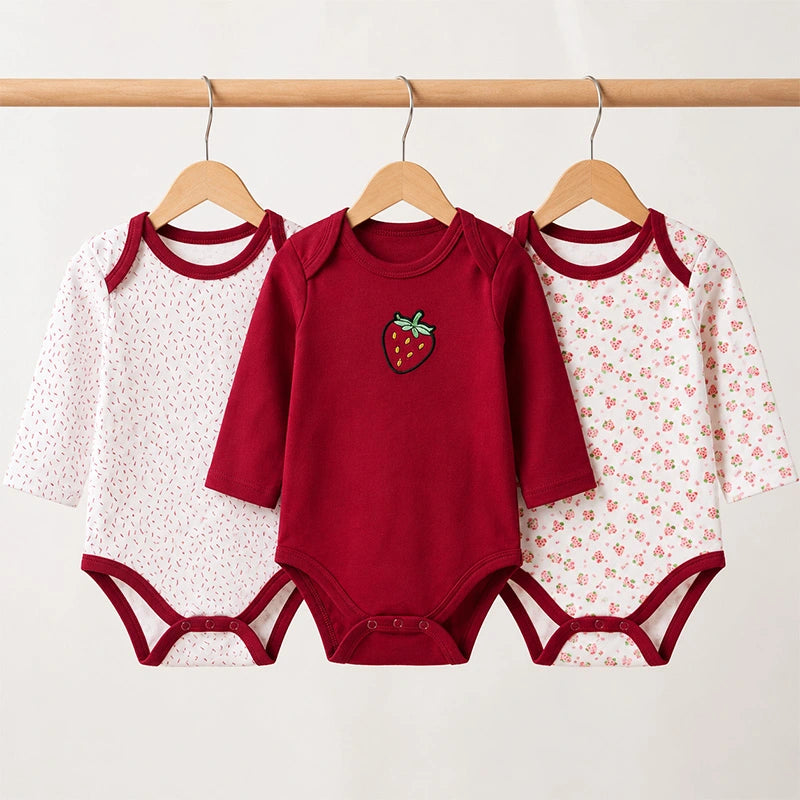 Red full-sleeve cotton baby bodysuits with strawberry print, pack of 3