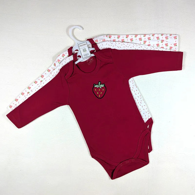 Additional view of red full-sleeve cotton baby bodysuits with strawberry print from the pack of 3