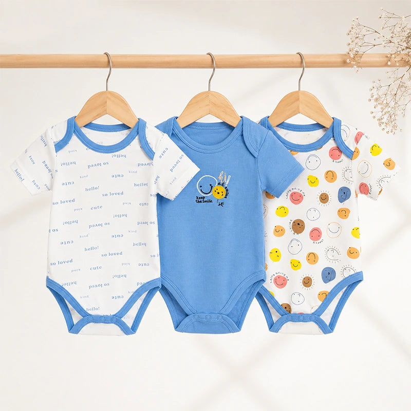 Blue half-sleeve cotton baby bodysuits with smile print, pack of 3