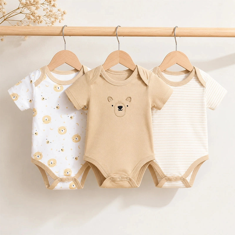 Brown half-sleeve cotton baby bodysuits with bear print, pack of 3