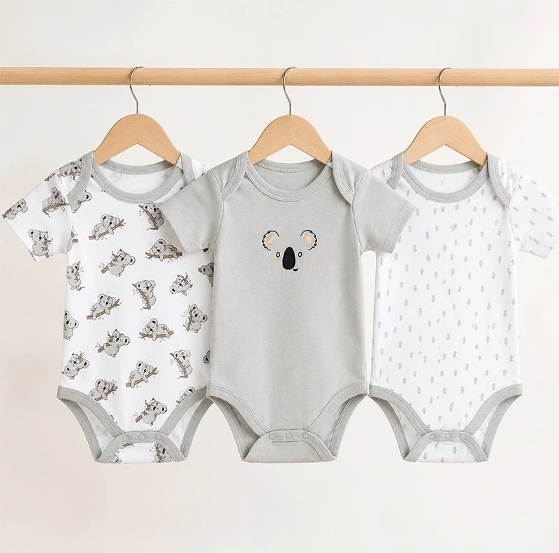 Grey half-sleeve cotton baby bodysuits with bear print, pack of 3