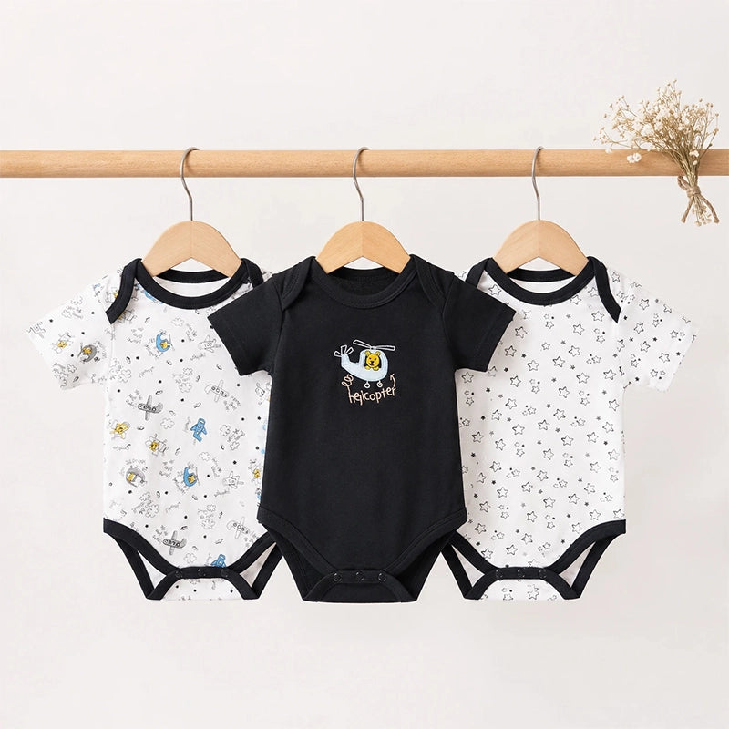 Black half-sleeve cotton baby bodysuits with helicopter print, pack of 3