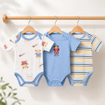 Light blue half-sleeve cotton baby bodysuits with bear print, pack of 3