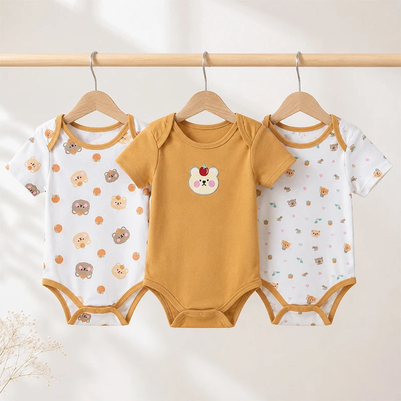 Mustard half-sleeve cotton baby bodysuits with bear print, pack of 3