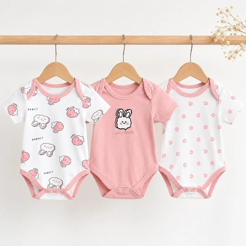 Pink half-sleeve cotton baby bodysuits with rabbit print, pack of 3