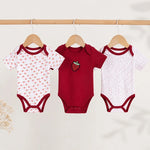 Red half-sleeve cotton baby bodysuits with strawberry print, pack of 3