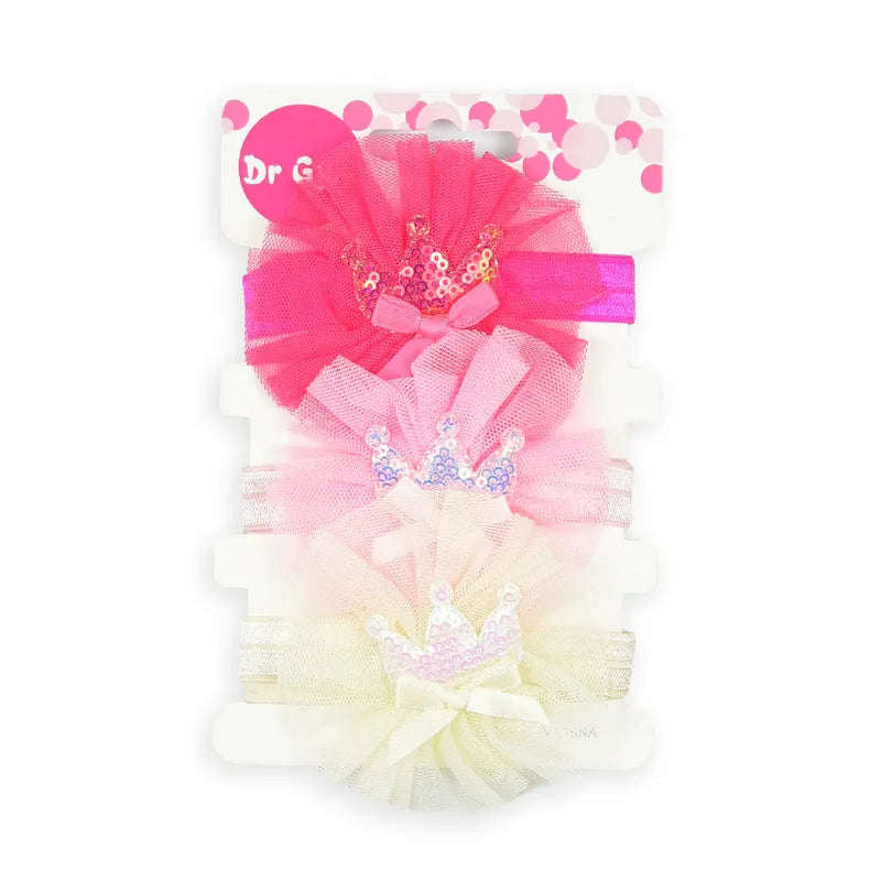 BABY GIRL FANCY CROWN HEADBAND SET 3 PCS (PINK, BABY PINK & OFF WHITE)