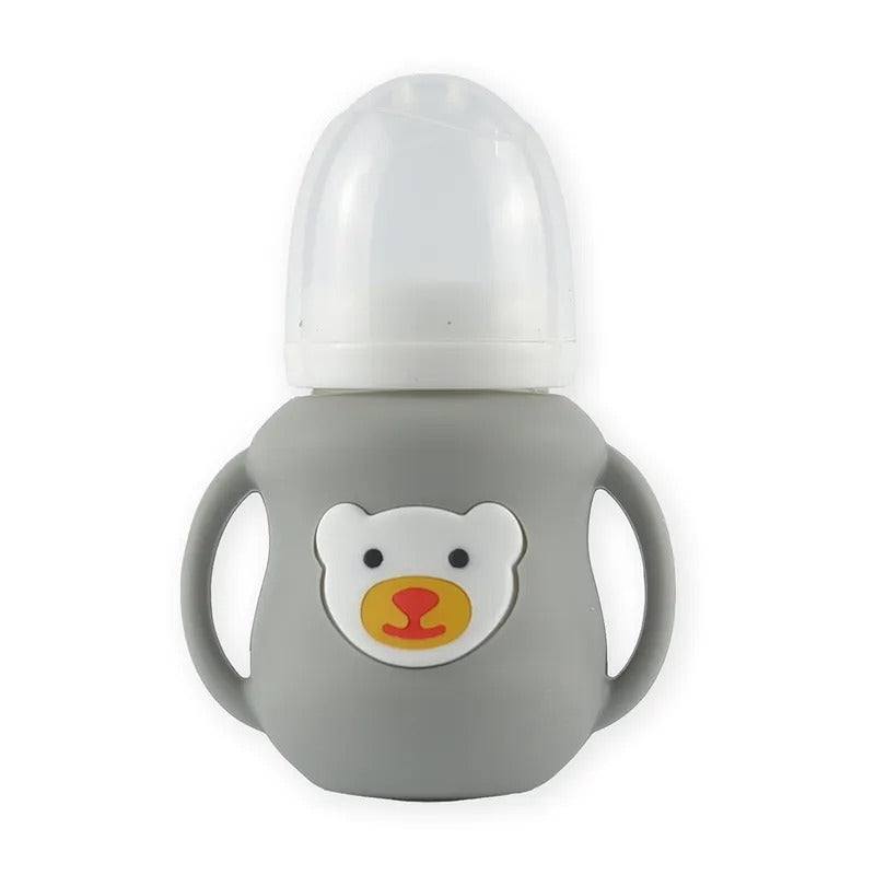 Glass Baby Feeding Bottle with Handles, Grey Bear