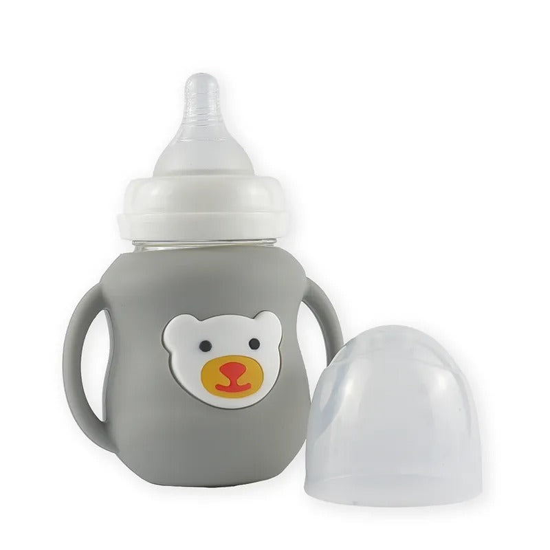 Glass Baby Feeding Bottle with Handles, Grey Bear – additional product view 2 of 2