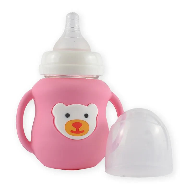 Glass Baby Feeding Bottle with Handles, Pink Bear – additional product view 2 of 2