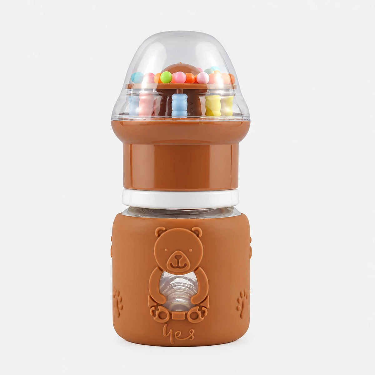 BABY GLASS FEEDER BROWN RATTLE CAP YES