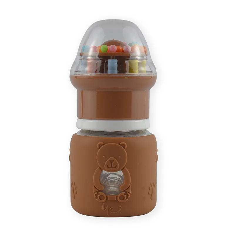 BABY GLASS FEEDER BROWN RATTLE CAP YES