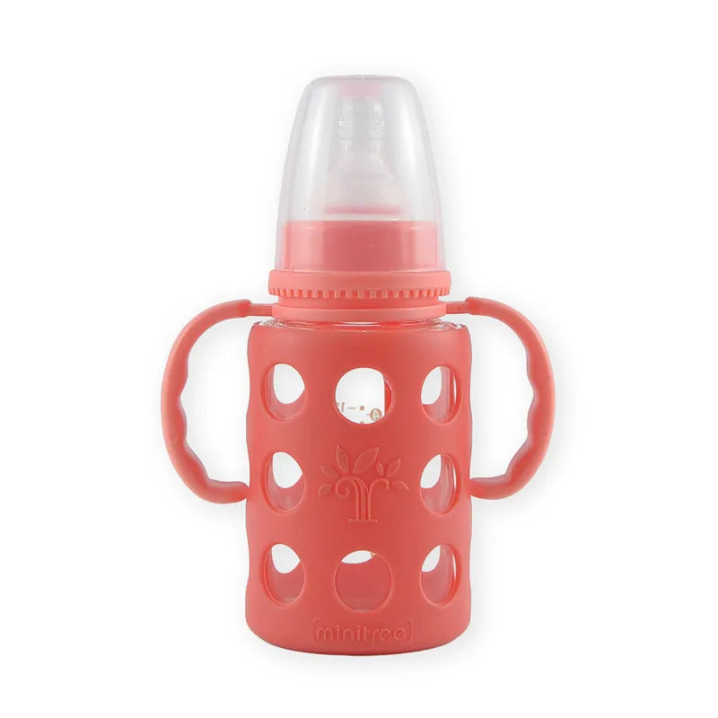BABY GLASS FEEDER SILICONE COVERED RED