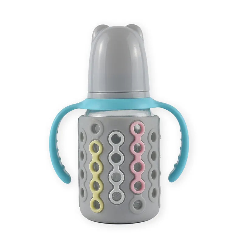 BABY GLASS FEEDER SILICONE COVERED GREY