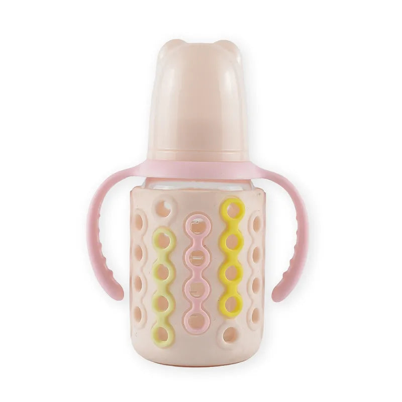 BABY GLASS FEEDER SILICONE COVERED PINK