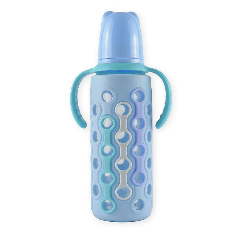 BABY GLASS FEEDER SILICONE COVERED BLUE