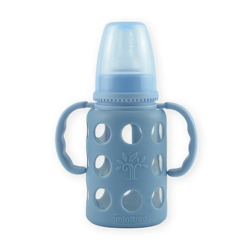 BABY GLASS FEEDER SILICONE COVERED BLUE