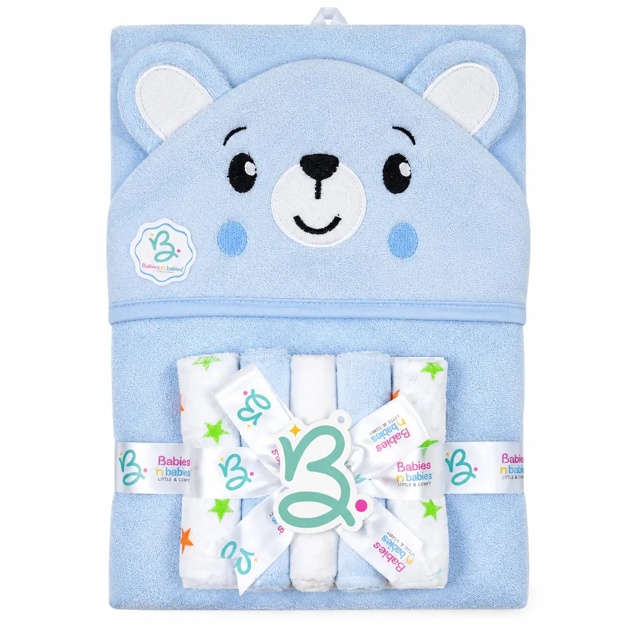 BABY HOODED BATH TOWEL 6PCS SET BEAR BLUE