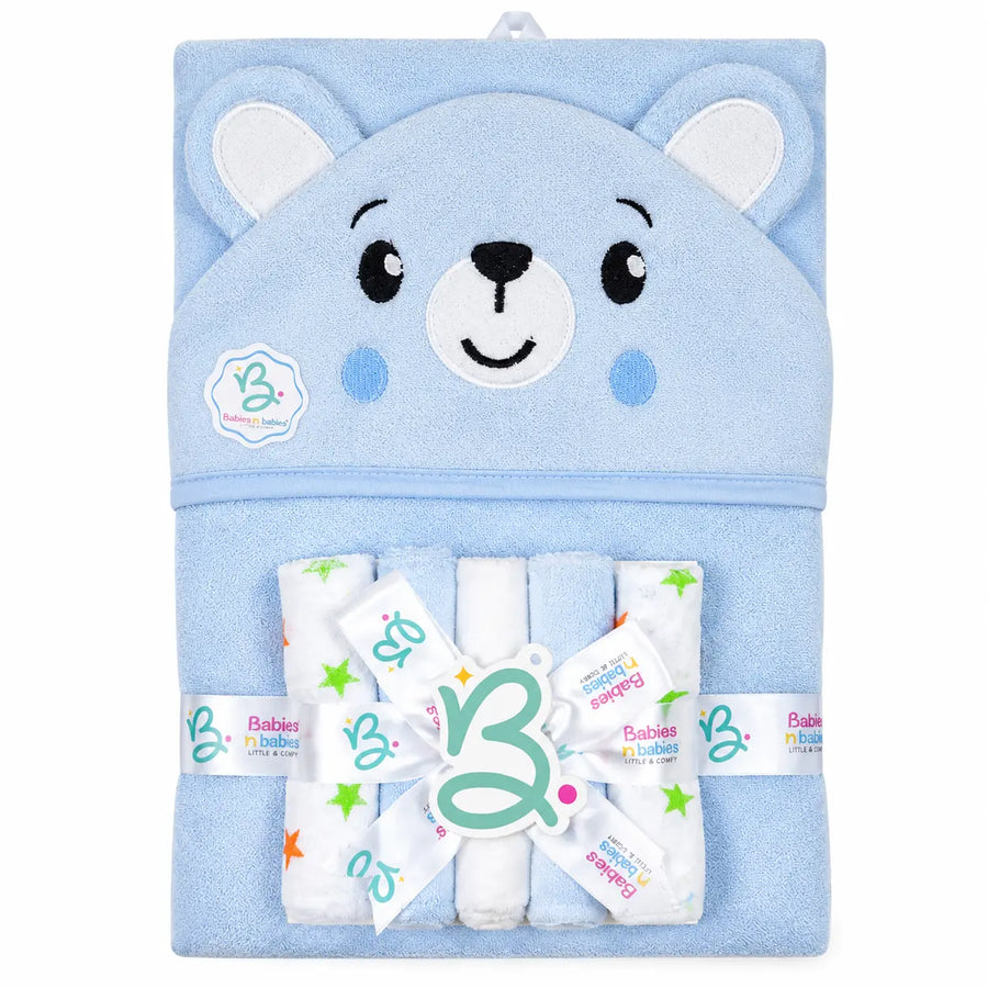 BABY HOODED BATH TOWEL 6PCS SET BEAR BLUE