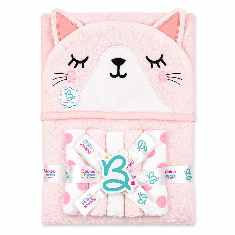 BABY HOODED BATH TOWEL 6PCS SET CAT PINK